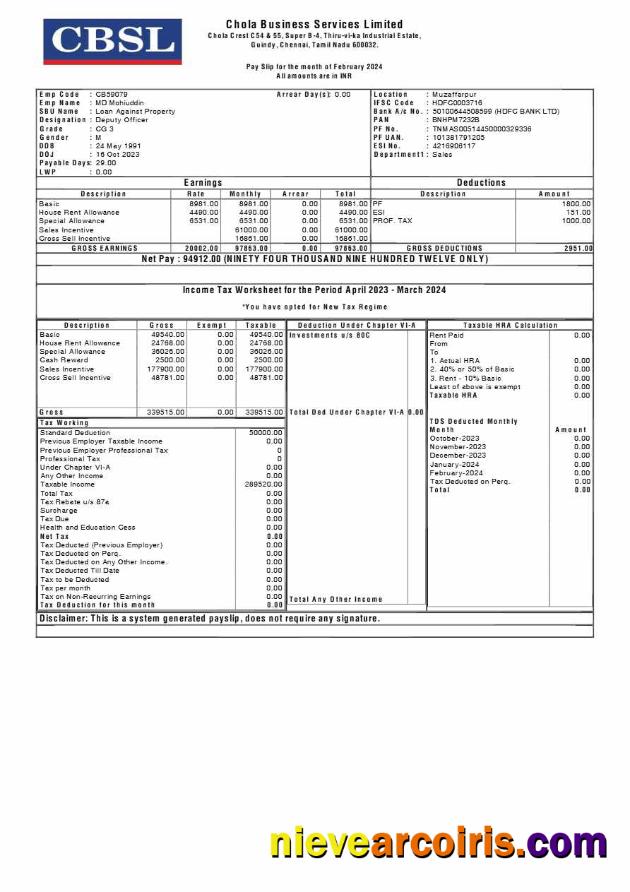 Chola Business Services payslip